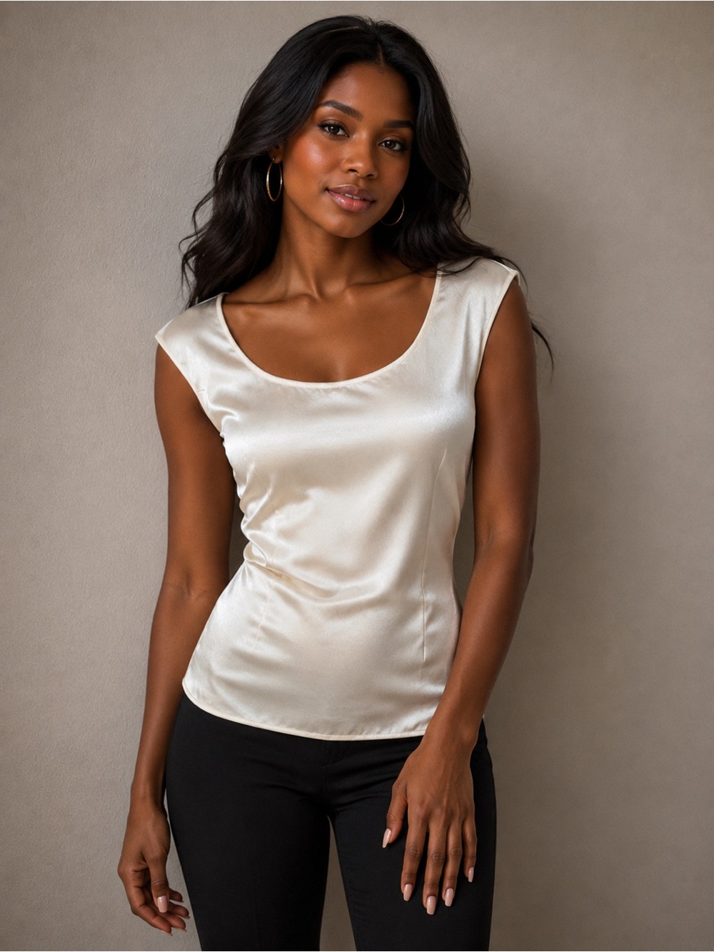 Milano Couture Satin Scoop-Neck Cap Sleeve Camisole in Cream